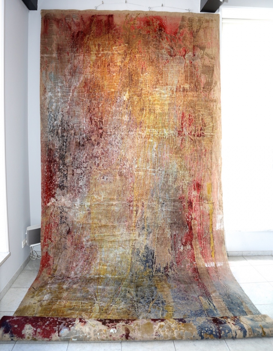 Two-panel textured artwork in green, purple and orange tones